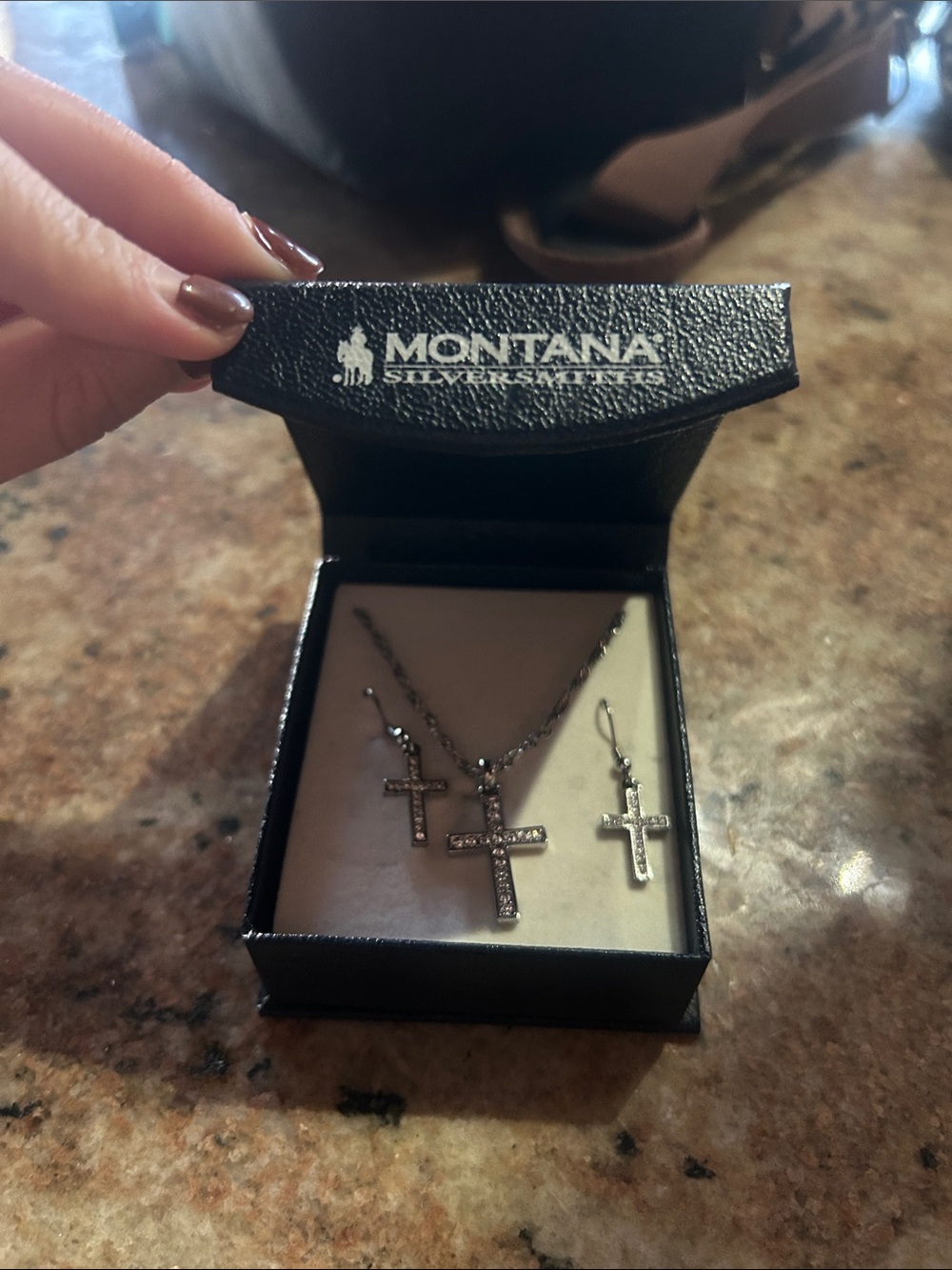 Montana Silversmiths Silver Crystal Cross Necklace and Earrings Set